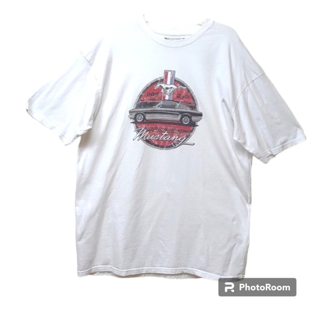 Newport Blue Cotton White SS Tee Weathered Look Iconic Ford Mustang Decal 2XL